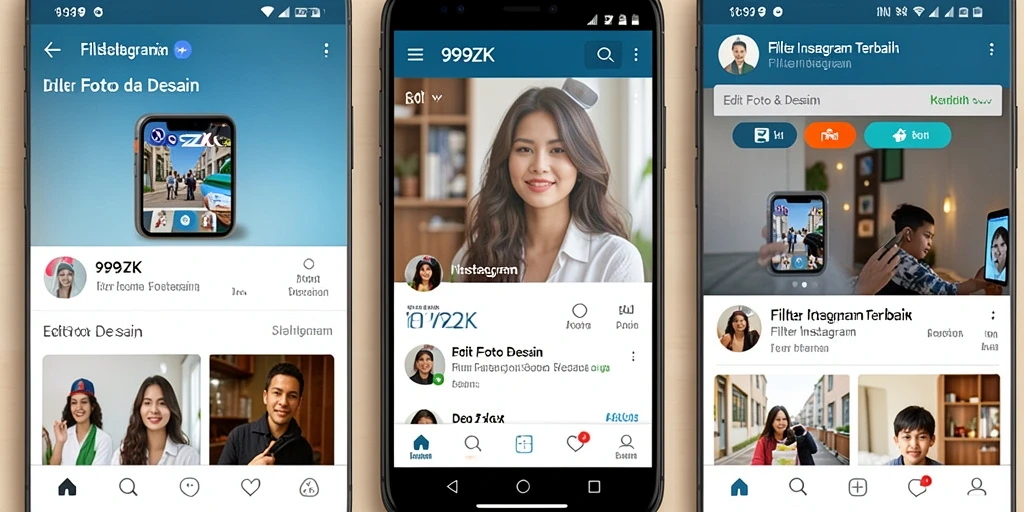 Tampilan antarmuka aplikasi 999ZK dengan berbagai filter Instagram.